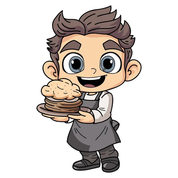 Happy Chef Kok Man Met Voedsel Illustratie Doodle Stijl Geïsoleerd — Stockvector
