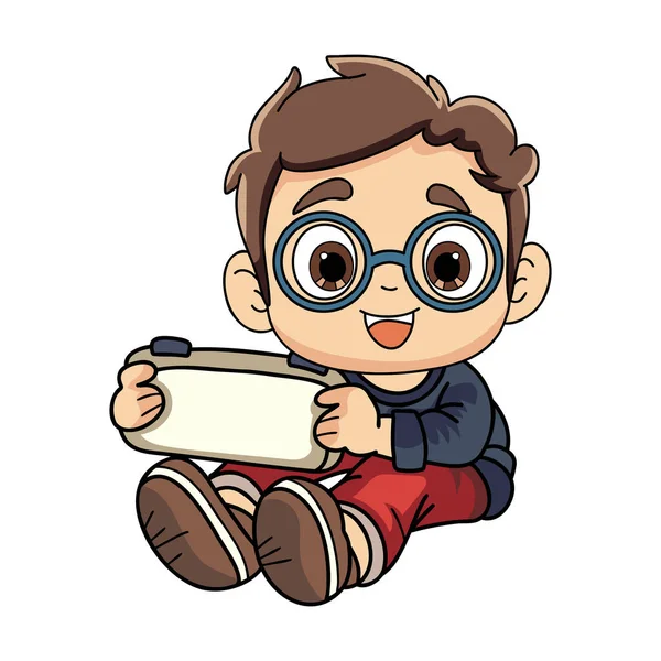 Šťastný Chlapec Přenosným Herním Znakem Ilustrace Stylu Doodle Izolované Pozadí — Stockový vektor