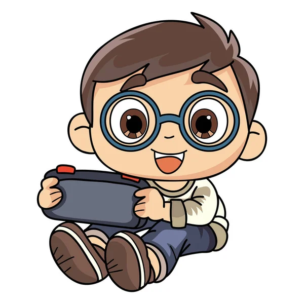 Niño Feliz Con Ilustración Personaje Juego Portátil Estilo Doodle Aislado — Vector de stock