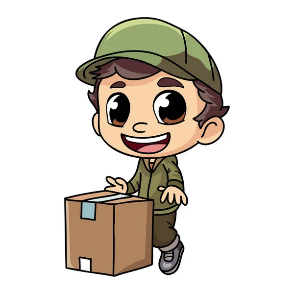 Happy Delivery Man Met Pakket Doos Karakter Illustratie Doodle Stijl — Stockvector