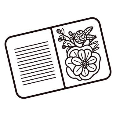 El çizimi, arka planda karalama tarzı yaprakları olan sevimli bir defter.