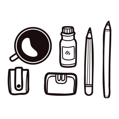 Arkaplanda izole edilmiş düz uzanma biçiminde el çizimi kırtasiye malzemesi