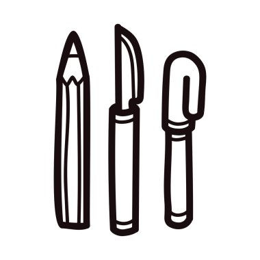 Arkaplanda izole edilmiş düz uzanma biçiminde el çizimi kırtasiye malzemesi