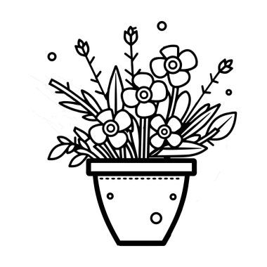 Arka planda izole edilmiş karalama tarzında bir saksıda çizilmiş çiçek demeti.