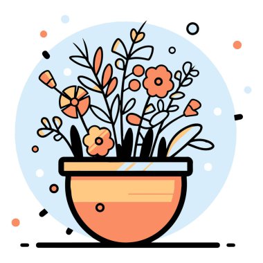 Arka planda izole edilmiş karalama tarzında bir saksıda çizilmiş çiçek demeti.