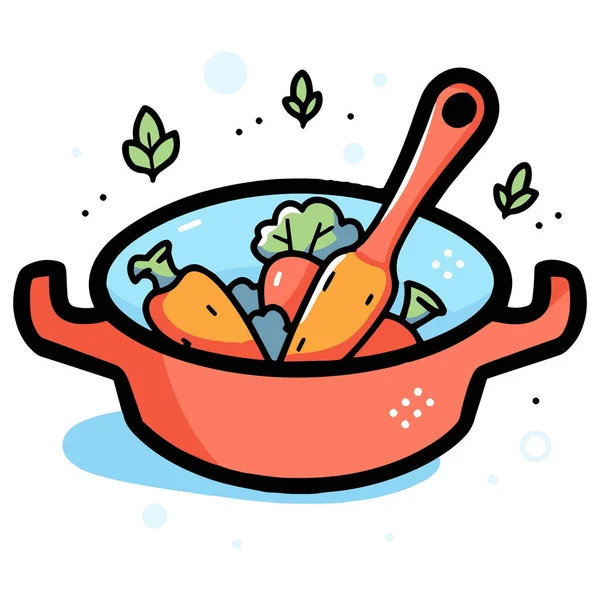 手绘健康食品在平底锅中以涂鸦风格隔离背景 — 图库矢量图片