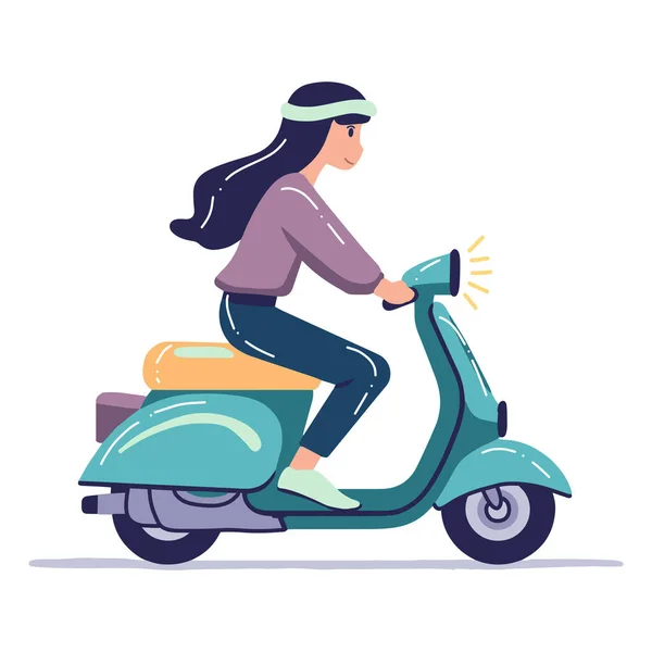 背景に隔離されたビジネスアイデアのためのスクーターフラットスタイルのイラストに乗って手描きの女性 — ストックベクタ