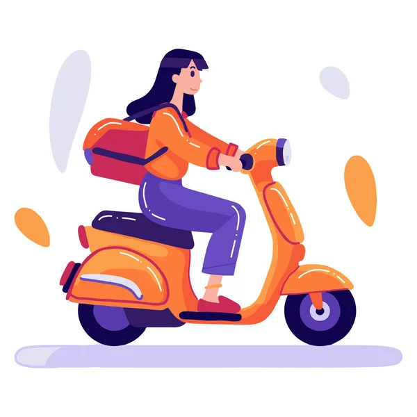 Mujer Dibujada Mano Montando Scooter Ilustración Estilo Plano Para Ideas — Vector de stock