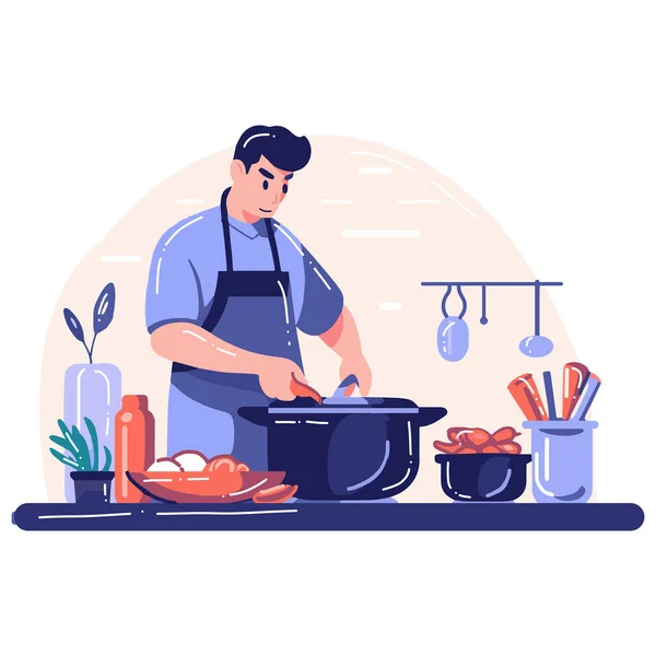 キッチンフラットスタイルでの手描きシェフの料理を背景に孤立したビジネスアイデアのためのイラスト — ストックベクタ