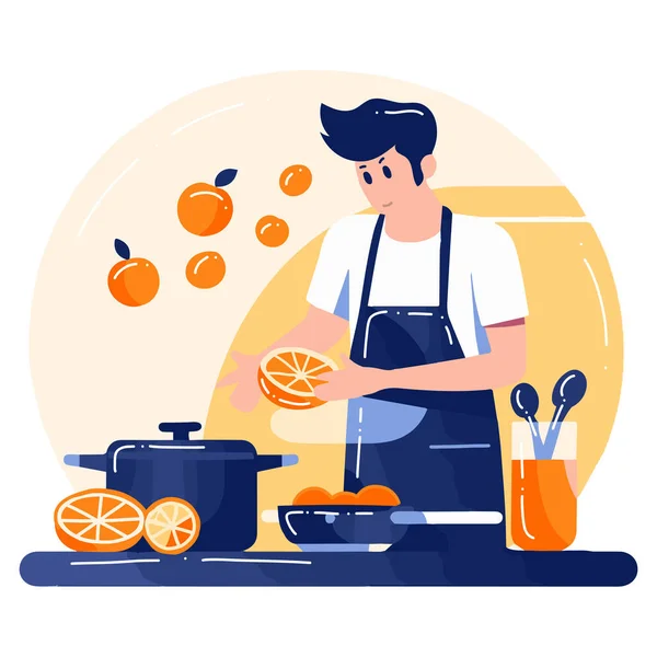 キッチンフラットスタイルでの手描きシェフの料理を背景に孤立したビジネスアイデアのためのイラスト — ストックベクタ