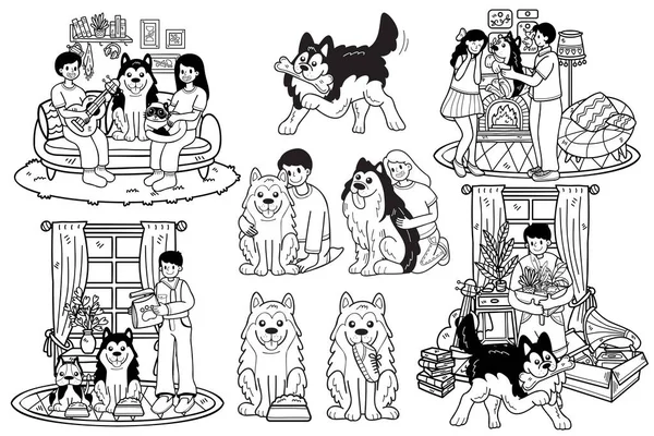 背景に孤立したビジネスアイデアのためのフラットスタイルのイラストで手描きの犬や家族のコレクション — ストックベクタ
