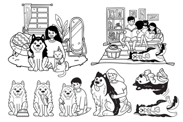 Ručně Kreslený Pes Rodina Sbírka Plochém Stylu Ilustrace Pro Obchodní — Stockový vektor
