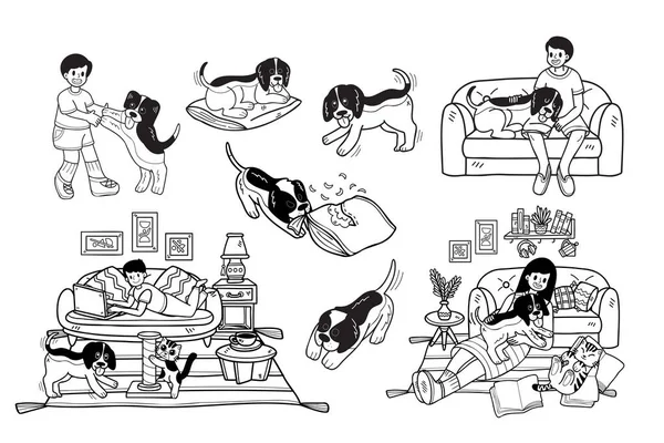 Raccolta Cani Famiglie Beagle Disegnati Mano Stile Piatto Illustrazione Idee — Vettoriale Stock