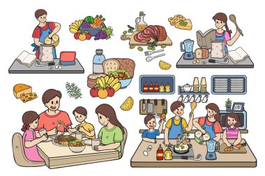 El yapımı aile yemekleri arka planda izole edilmiş iş fikirleri için düz stil illüstrasyon