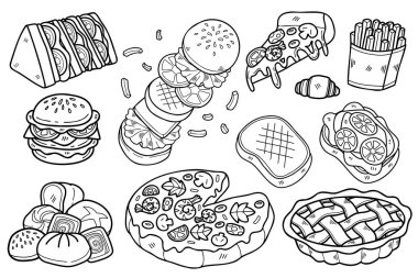 Arka planda izole edilmiş iş fikirleri için düz stil resimde el çizimi fast food koleksiyonu