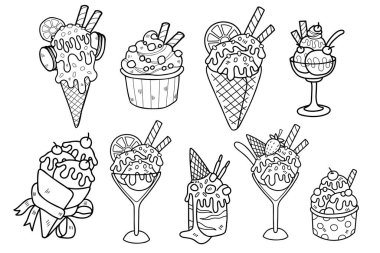 El Çizimi Tatlılar ve Tatlılar Koleksiyonu arka planda izole iş fikirleri için düz stil illüstrasyon