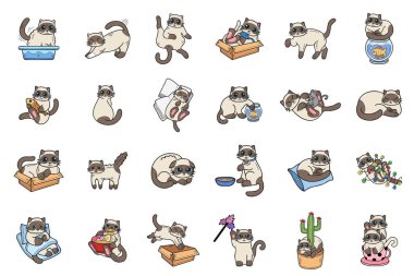 Çeşitli pozlarda el çizimi kedi arka planda izole iş fikirleri için düz stil illüstrasyon koleksiyonu