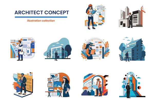 Hand Getekende Architecten Ingenieurs Collectie Platte Stijl Illustratie Voor Zakelijke — Stockvector