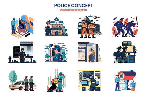 Colección Policía Dibujada Mano Ilustración Estilo Plano Para Ideas Negocios — Vector de stock
