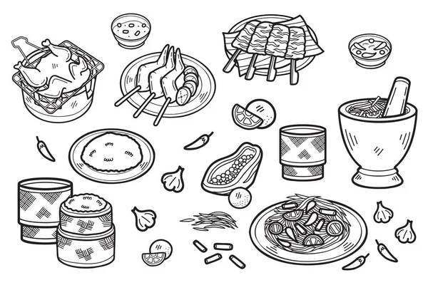 Collection Nourriture Thaïlandaise Dessinée Main Illustration Style Plat Pour Des — Image vectorielle