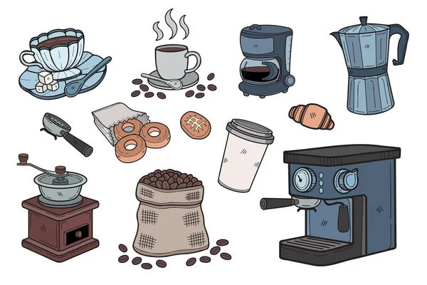 背景に孤立したビジネスアイデアのためのフラットスタイルのイラストでハンドドローコーヒー機器コレクション — ストックベクタ