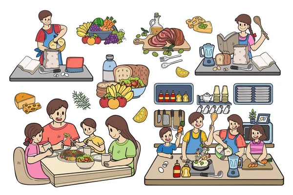 Hand Drawn Family Cooking Collection Flat Style Illustration Business Ideas — Stock Vector
