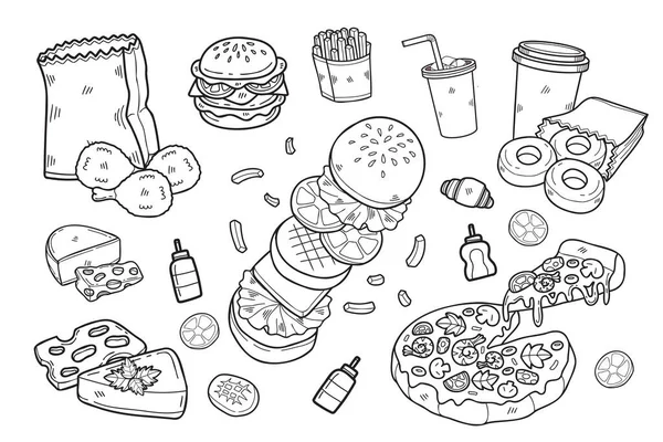 Gambar Tangan Koleksi Makanan Cepat Saji Dalam Ilustrasi Gaya Datar - Stok Vektor
