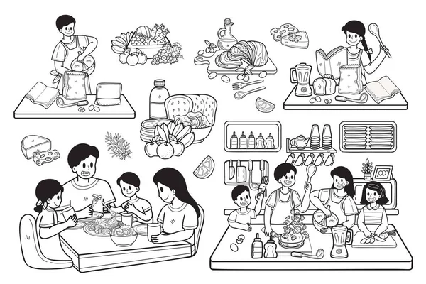 背景に孤立したビジネスアイデアのためのフラットスタイルのイラストで手描きの家族料理コレクション — ストックベクタ