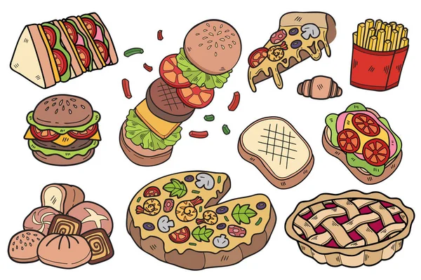 Ręcznie Rysowane Fast Food Kolekcji Płaskim Stylu Ilustracji Dla Pomysłów — Wektor stockowy