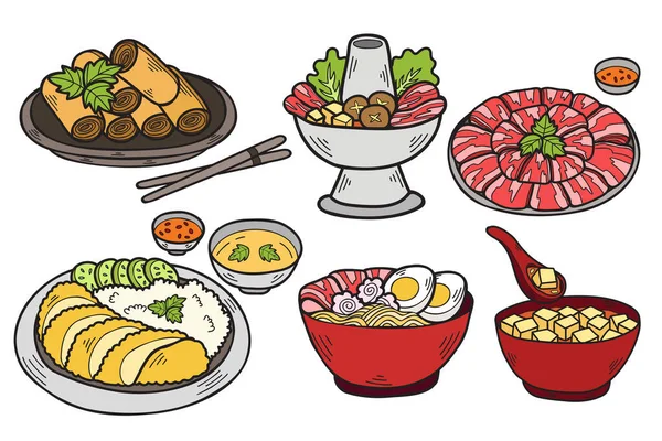 Collection Nourriture Chinoise Dessinée Main Illustration Style Plat Pour Des — Image vectorielle