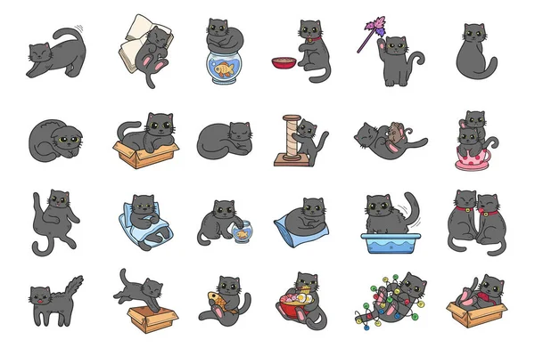Ručně Kreslená Kočka Různých Pózách Kolekce Plochém Stylu Ilustrace Pro — Stockový vektor