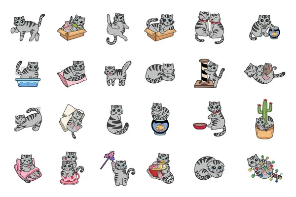 背景に孤立したビジネスアイデアのためのフラットスタイルのイラストで様々なポーズコレクションに手描き猫 — ストックベクタ