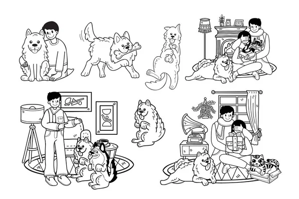 Ručně Kreslené Samoyed Pes Rodina Kolekce Plochém Stylu Ilustrace Pro — Stockový vektor