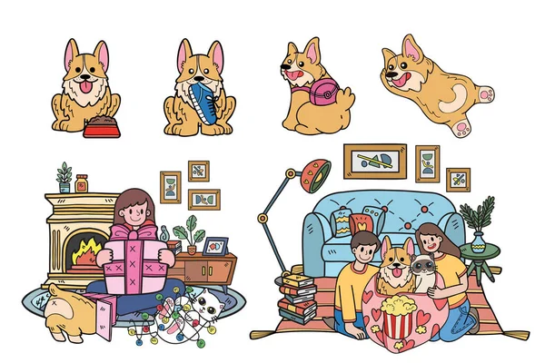Ručně Kreslený Pes Rodina Sbírka Plochém Stylu Ilustrace Pro Obchodní — Stockový vektor