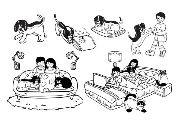Ručně Kreslený Bígl Pes Rodinná Sbírka Plochém Stylu Ilustrace Pro — Stockový vektor
