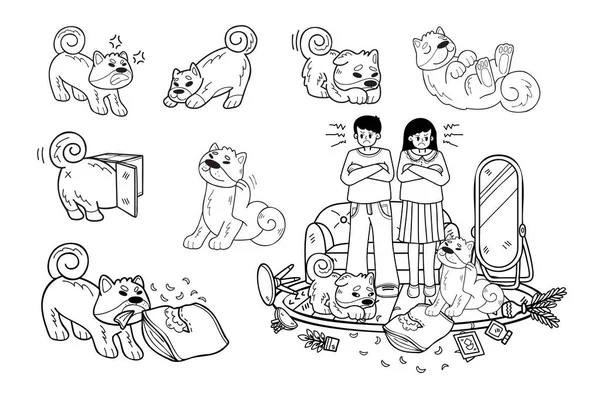 背景に孤立したビジネスアイデアのためのフラットスタイルのイラストで手描き芝犬や家族のコレクション — ストックベクタ