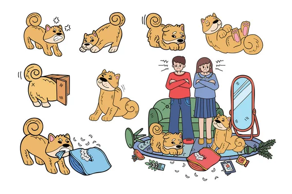 背景に孤立したビジネスアイデアのためのフラットスタイルのイラストで手描き芝犬や家族のコレクション — ストックベクタ