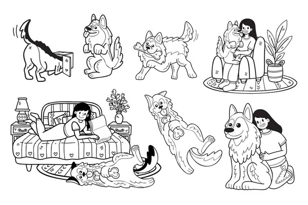 Ručně Kreslený Německý Ovčák Pes Rodinná Sbírka Plochém Stylu Ilustrace — Stockový vektor