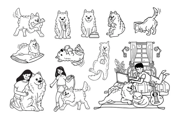 背景に孤立したビジネスアイデアのためのフラットスタイルのイラストで手描きの犬や家族のコレクション — ストックベクタ