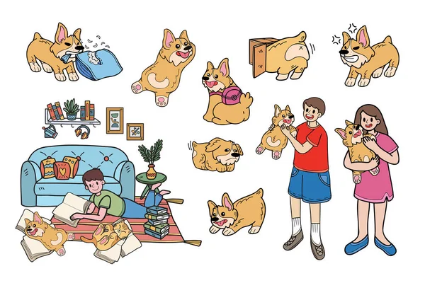 Ręcznie Rysowany Pies Kolekcja Rodziny Płaskim Stylu Ilustracji Dla Pomysłów — Wektor stockowy