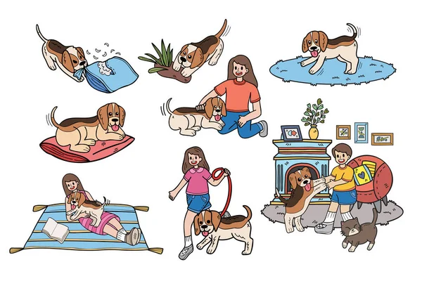 Colección Perro Familia Beagle Dibujado Mano Ilustración Estilo Plano Para — Vector de stock