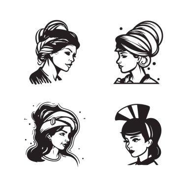 El çizimi, arka planda izole edilmiş düz çizgili kadın şef logosu.
