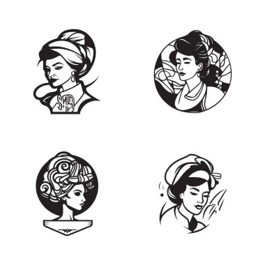 El çizimi, arka planda izole edilmiş düz çizgili kadın şef logosu.