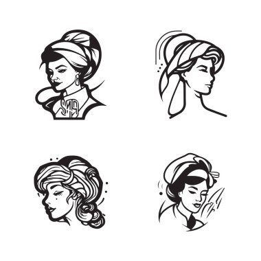 El çizimi, arka planda izole edilmiş düz çizgili kadın şef logosu.