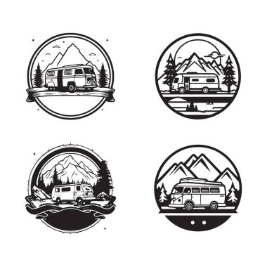 Arka planda izole edilmiş düz çizgili karavan logosu.