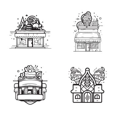 El çizimi, arka planda izole edilmiş düz çizgili dondurma dükkanı logosu.