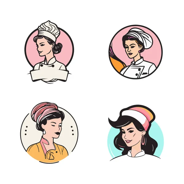 Disegnato Mano Vintage Logo Femminile Chef Linea Piatta Stile Arte — Vettoriale Stock