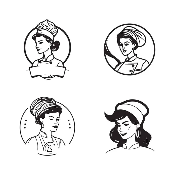 Disegnato Mano Vintage Logo Femminile Chef Linea Piatta Stile Arte — Vettoriale Stock