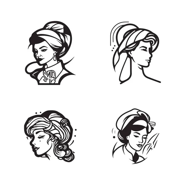 El çizimi, arka planda izole edilmiş düz çizgili kadın şef logosu.