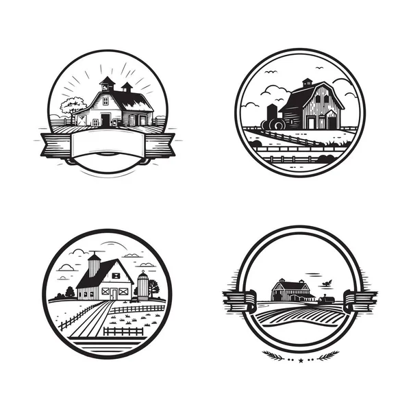 手描きのヴィンテージ農家のロゴを背景に孤立したフラットラインアートスタイルで — ストックベクタ